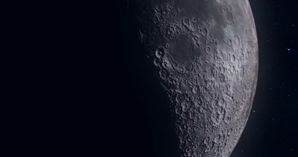 Animaatio kuun vaiheet valon liikkeen kuun pinnan kraatteri tähtivalon taustalla, maailmankaikkeuden ja tieteen — kuvapankkivideo