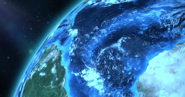 Blue planet earth from space showing europe continent, globe world with blue glow edge and sun light sunrise on space in a star field background — Stock Video