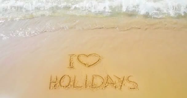 Goldenen Sand mit Strand und tropischen Meereswellen Bewegung, schreiben Sie Text auf Sand Ich liebe Urlaub mit Herzform, Reisetourismus Urlaub entspannen — Stockvideo