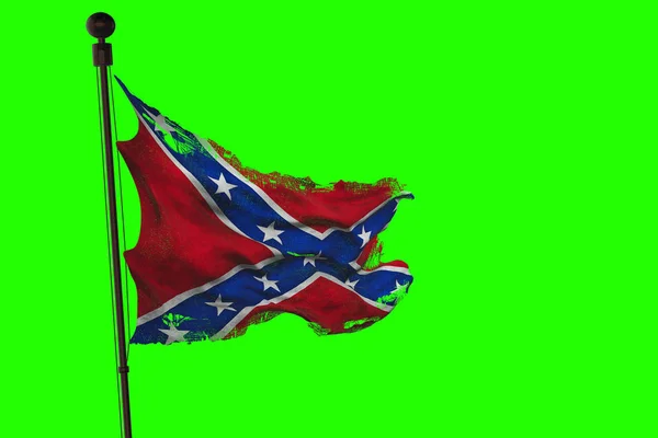 Nahaufnahme zerrissener Tränengrunge alte schwenkende Konföderiertenflagge der Nationalstaaten Amerikas, Textur amerikanisches Symbol am bewölkten Himmel, auf grünem Bildschirm mit Chroma-Taste — Stockfoto