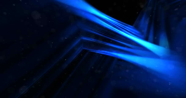 Abstrait flux vague tableau coloré paillettes scintillement lignes bleues avec des particules sur fond noir technologie — Video