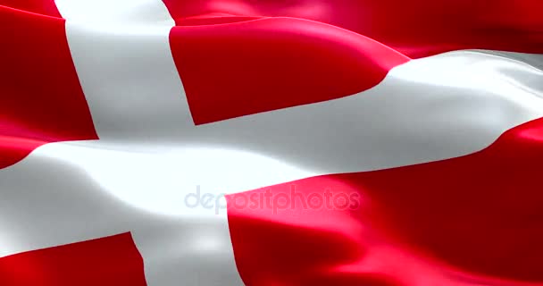 Close-up van animatie zwaaien dannebrog Denemarken vlag, met rode achtergrond en witte kruis, nationale symbool van Deens — Stockvideo