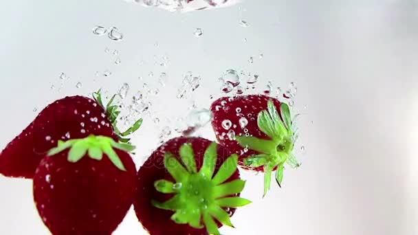 Rote Erdbeeren aus frischem Obst, die mit Spritzwasser ins Wasser fallen, aufgenommen in Zeitlupe auf weißem Hintergrund, Erdbeere für Gesundheit und Ernährung, Ernährung 