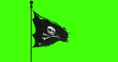 gözyaşı eski kumaş doku rüzgarda sallayarak korsan kafatası bayrağı yırtık, calico jack korsan sembolü chroma anahtar yeşil ekran arka planı, karanlık gizemli tarzı, hacker ve soyguncu 