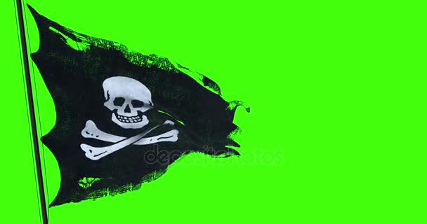 印花布撕裂撕裂 grunge 旧织物纹理的海盗骷髅旗在风中摇曳，杰克海盗符号在色度键绿色屏幕背景，黑暗神秘风格，黑客和强盗 — 图库视频影像
