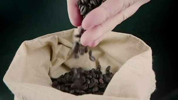 Man hands holding coffee beans in canvas sack and some falling down, shot slow motion, agriculture and nutrition — Stock Video