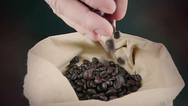 Мужчина руки держа кофейные зерна в холсте мешок и некоторые падают, выстрел замедленной съемки, сельское хозяйство и питание — стоковое видео
