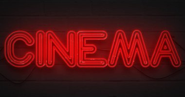 3D render titreşen karanlık tuğla zemin, sinema filmi film eğlence işareti üzerine kırmızı neon işareti yanıp sönüyor 