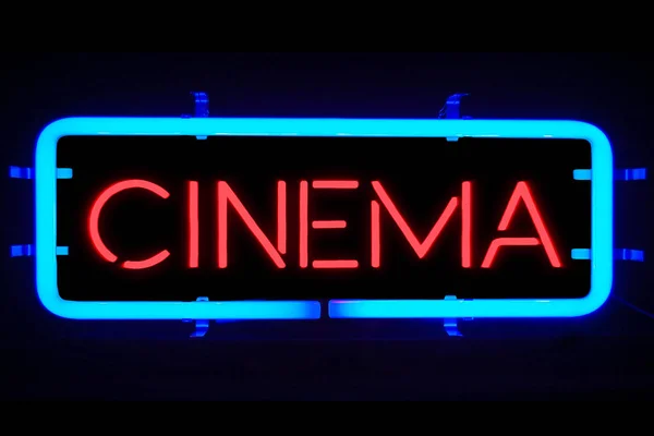 3D rendering flickering blinking red blue neon sign on black background, cinema movie film entertainment sign — Stock Photo, Image