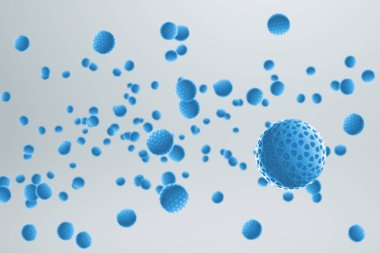 3D render, mavi bakteri, virüs, beyaz gri degrade arka plan üzerinde tıbbi insan sağlık akan hücre