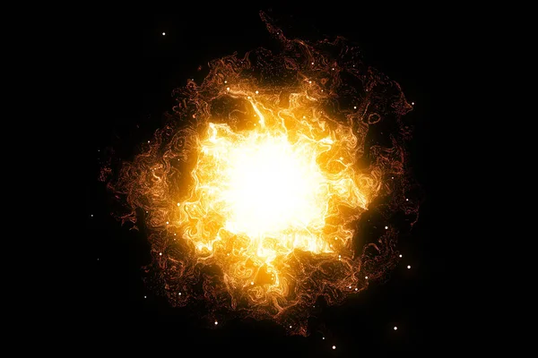Rendu 3D, explosion cosmique abstraite onde de choc énergie d'or chaud sur fond noir — Photo