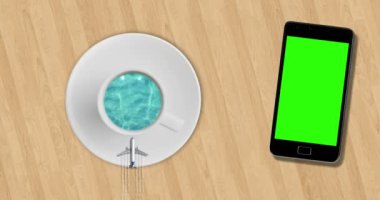 mavi deniz okyanus güneşli smartphone chroma anahtar yeşil ekran, relax tatil zaman kavramı soyut seyahat ile yakınındaki ahşap masa üzerinde kahve Kupası ve Turizm uçak sinek üzerine içine 