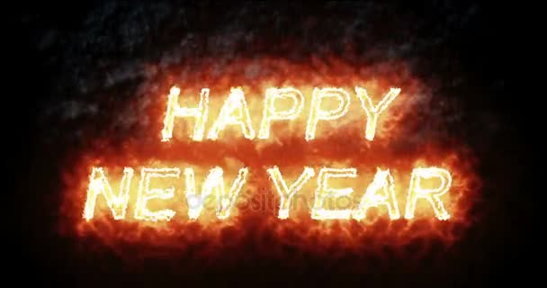 Burning happy new year fire word text with flame and smoke in fire on black background with alpha channel, 2018, 2019, 2020, 2021, 2022, concept of holiday happy new year — стоковое видео