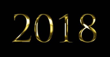 Vintage sarı altın metalik 2018 word metni alfa kanalı, yeni yılınız kutlu olsun altın lüks tatil kavramı ile siyah arka plan üzerine ışık refleksi ile 
