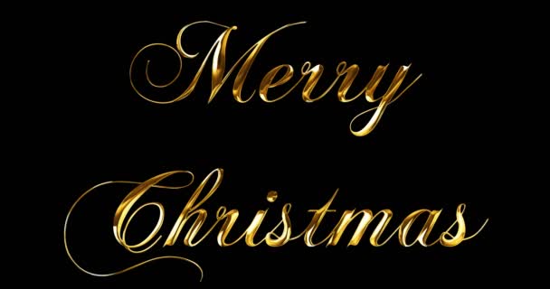 Vintage oro amarillo metálico feliz navidad palabra texto con reflejo de luz sobre fondo negro con canal alfa, concepto de oro lujo Navidad decoración cinta texto — Vídeo de stock