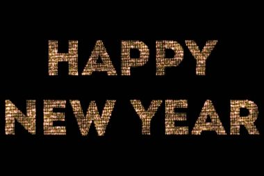 Vintage sarı altın ışıltılı glitter ışıkları ve parlayan etkisi simüle LED mutlu yeni yıl 2018, 2019, 2020, 2021, 2022 word metni Alfa siyah zemin üzerine kanal, altın kavramı