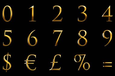 Vintage font sarı altın metalik sayısal harfleri word metin serisi euro, dolar, yüzde, eşit, sterling ile sembol oturum siyah arka plan üzerine, altın lüks numara dekorasyon kavramı 