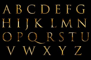 Vintage font sarı altın metalik alfabesi harfleri metin serisi sembolü işareti siyah arka plan üzerine, altın lüks alfabe dekorasyon kavramı kelime. 