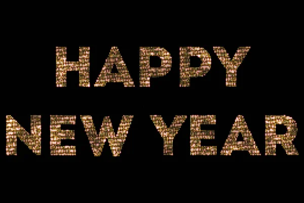 Vintage yellow gold sparkly glitter lights and glowing effect simulating leds happy new year 2018, 2019, 2020, 2021, 2022 word text on black background with alpha channel, concept of golden — Stock Photo, Image