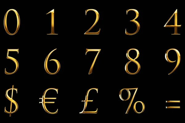 Vintage font yellow gold metallic numeric letters word text series with euro, dollar, percent, equal, sterling, symbol sign on black background, concept of golden luxury number decoration — Stock Photo, Image