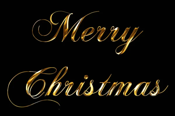 빈티지 옐로우 골드 금속 메리 크리스마스 단어 텍스트 알파 채널, 골든 럭셔리 휴가 크리스마스 장식의 개념으로 검은 배경에 빛 반사와 리본 — 스톡 사진