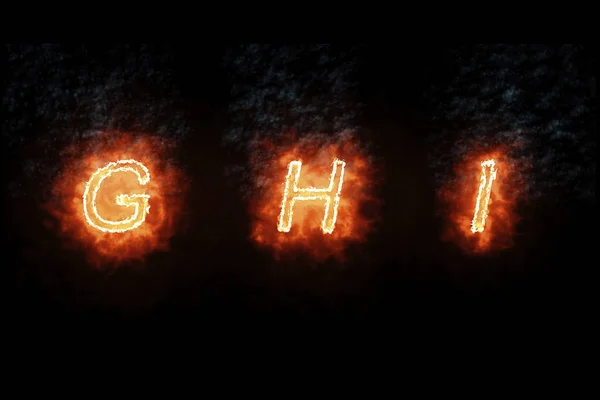 Masterizzazione carattere g, h, i, fuoco parola testo con fiamma e fumo su sfondo nero, concetto di fuoco calore alfabeto decorazione — Foto Stock