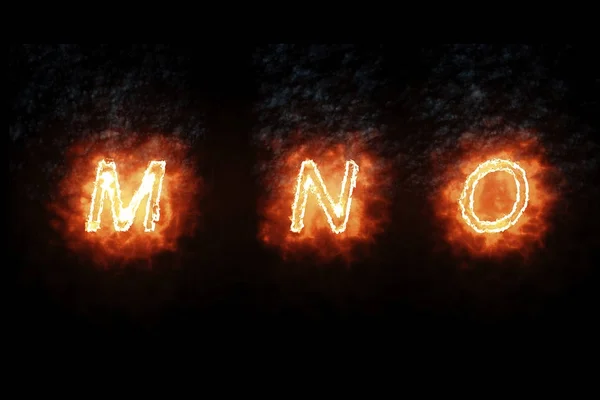 Masterizzazione font m, n, o, testo parola fuoco con fiamma e fumo su sfondo nero, concetto di fuoco calore alfabeto decorazione — Foto Stock