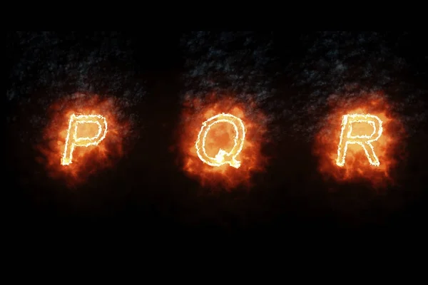 Masterizzazione carattere p, q, r, fuoco parola testo con fiamma e fumo su sfondo nero, concetto di fuoco calore alfabeto decorazione — Foto Stock