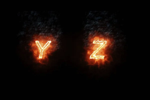 フォントの y、z、炎火単語テキストと黒い背景に煙、火熱アルファベット装飾の概念を燃焼 — ストック写真