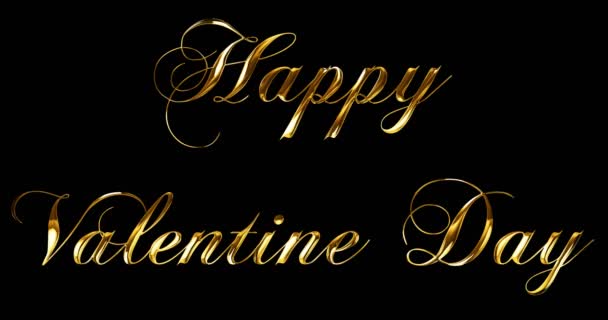 Vintage oro amarillo metálico feliz día de San Valentín palabra texto con reflejo de luz sobre fondo negro con canal alfa, concepto de vacaciones de lujo de oro relación de amor día de San Valentín — Vídeo de stock