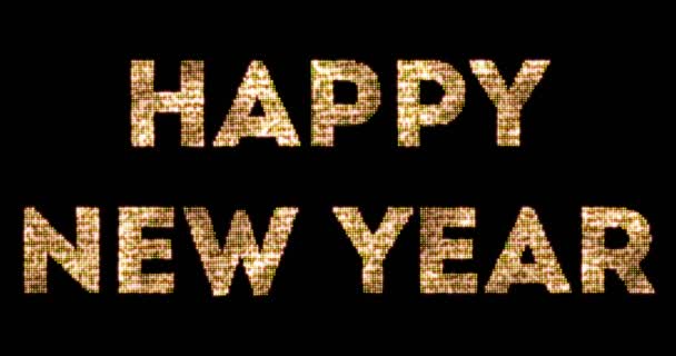 Vintage yellow gold sparkly glitter lights and glowing effect simulating leds happy new year 2018, 2019, 2020, 2021, 2022 word text on black background with alpha channel — Stock Video