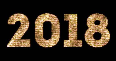 Vintage sarı altın ışıltılı glitter ışıkları ve parlayan etkisi simüle LED mutlu yeni yıl 2018 word metni alfa kanalı, tatil olay kavramı ile siyah arka plan üzerine