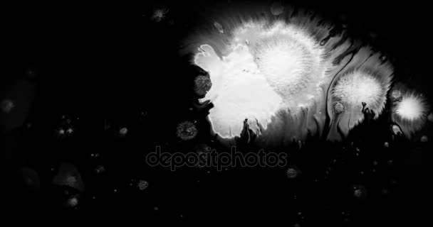 Abstract paint brush stroke shape white ink splattering flowing and washing on black background, ink splatter splash — Stock Video