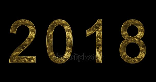 ヴィンテージ イエロー ゴールド金属 2018年単語テキスト アルファ チャネル 金色の豪華な休日新年イベントの概念と黒の背景に光の反射で — ストック動画