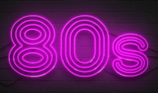 Диско танцы 80-х годов неоновый знак огни логотип текст светящийся фиолетовый цвет — стоковое фото