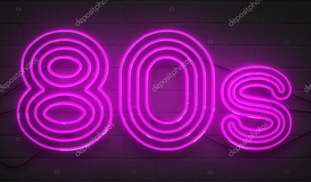 Disco dance 80s neon sign lights logo text glowing color purple on dark black brick background, vintage style