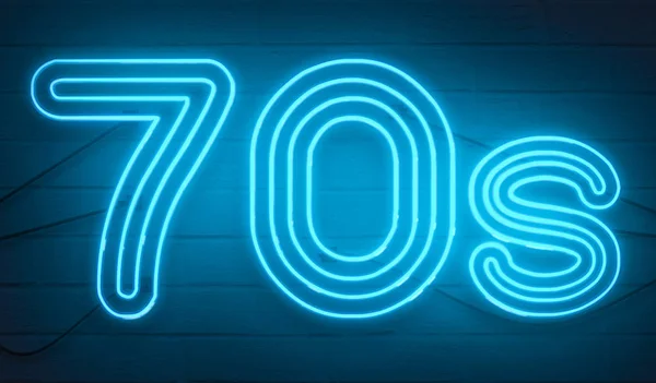 Disco Tanz 70er Jahre Neonreklame Lichter Logo Text glühende Farbe blau Stockbild