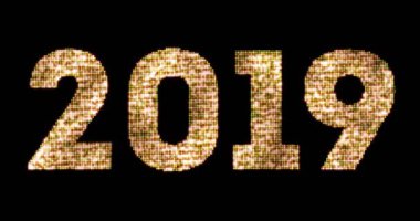 Vintage sarı altın ışıltılı glitter ışıkları ve parlayan etkisi simüle LED mutlu yeni yıl 2019 word metni alfa kanalı, tatil olay kavramı ile siyah arka plan üzerine