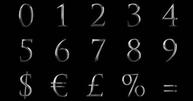 Vintage yazı tipi sarı gümüş metalik sayısal harfler word metin serisi euro, dolar, yüzde, eşit, sterling ile sembol siyah arka plan, lüks sayı dekorasyon metin refleks parlayan, kavramı ile oturum