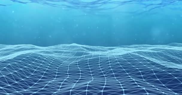 抽象的な レンダリング技術神経叢ブルー ブルー グラデーション水中背景に粒子 青い三角形粒子の未来壁紙と幾何学的図形に対する動的デジタル表面運動 — ストック動画