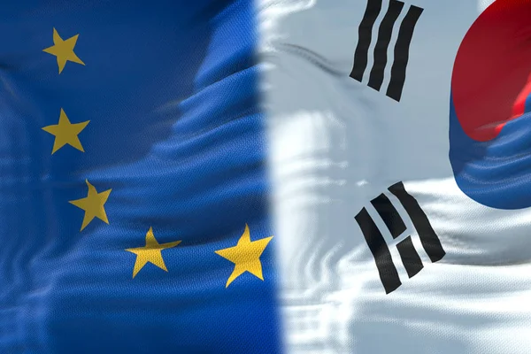 Halb Flagge Südkoreas und halb europäische Gewerkschaftsfahne, Krise b — Stockfoto