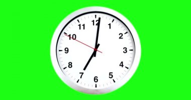 Bu saat 7'de zaten, Kahvaltı, modern beyaz metalik alarm duvar saati chroma anahtar yeşil ekran arka plan üzerinde için uyanma zamanı 