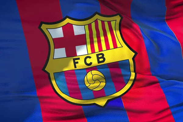 Fc Barcelona futbol kulübü, gerçek t kumaş doku bayrağı sallayarak — Stok fotoğraf