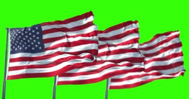 Kutup, yıldızlar ve çizgiler, Amerika Birleşik Devletleri chroma anahtar yeşil ekran üzerinde üç Amerikan ABD bayrağı