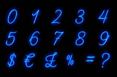 Neon mavi yazı tipi alfabe numara sayısal kelime metin serisi sembolü s