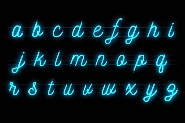 Неоновый шрифт светло-синий алфавит буквы слова текст серии символов си — стоковое фото