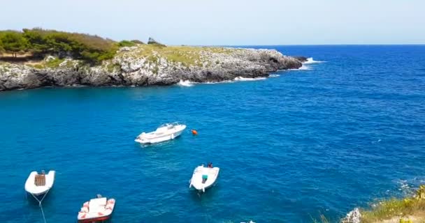 Algunos barcos blancos con movimiento lento en el mar azul en verano luz del día con la costa en el fondo, viajes de vacaciones — Vídeo de stock