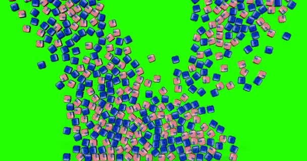 Europa e eua, um monte de dados com bandeira da europa e eua no rosto caindo na tela verde chave chroma e preencher a tela — Vídeo de Stock