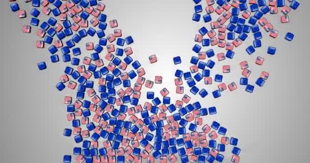 Europe and usa, a lot of dice with flag of europe and usa on the face falling down on grey screen gradient and fill the screen — Stock Video