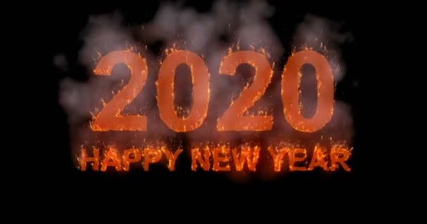 Burning 2020 fire word text with flame and smoke in fire on black background with alpha channel, concept of holiday happy new — стоковое видео